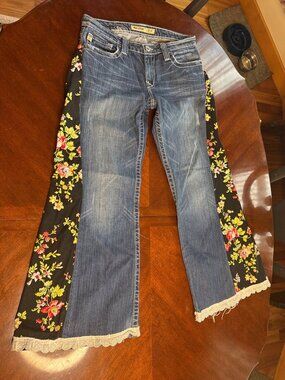 Big Star 28R Womens Patchwork Jeans Upcycled Floral Panels & Lace Trim